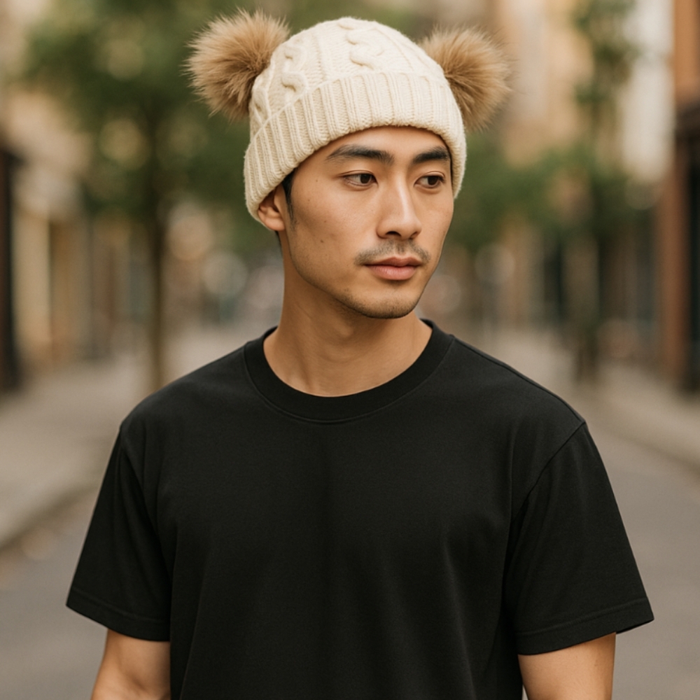 Wonder Nation Cream Cable Knit Beanie with Faux Fur Pom-Poms